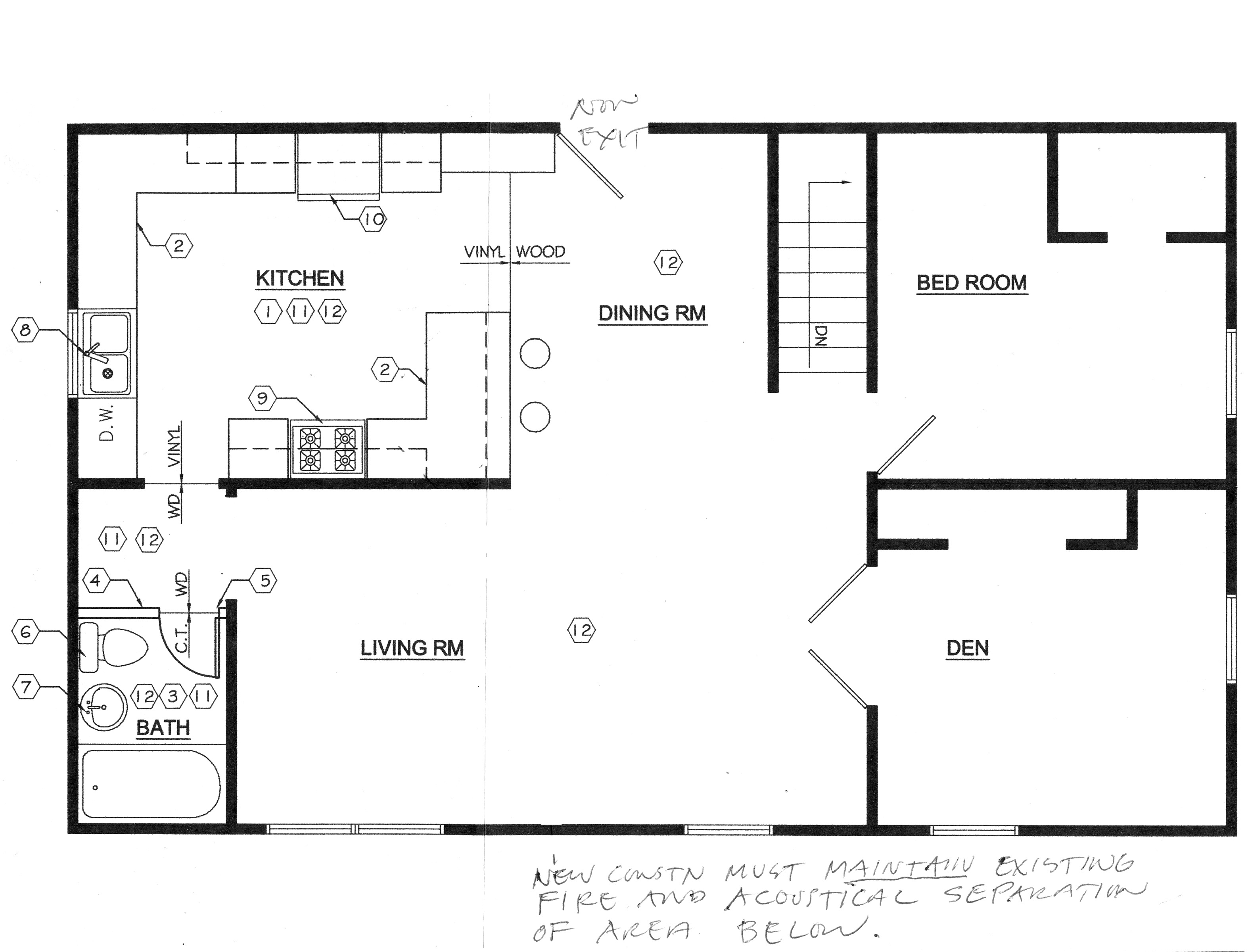 The proposed changes.  The pantry (originally a stairwell) is opened; access to the kitchen and bath is provided from the living room.